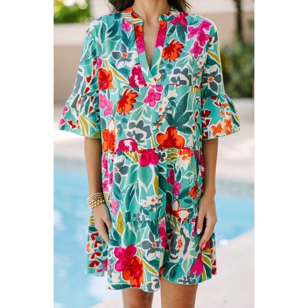 Shop The Mint Women Flounce Sleeve Jade Floral Tiered Dress Size S